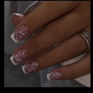 Pink Glitter White Tip Fake Press On Nails NWT